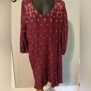 Large Mudd burgundy red cream floral chiffon v-neck long sleeve midi dress